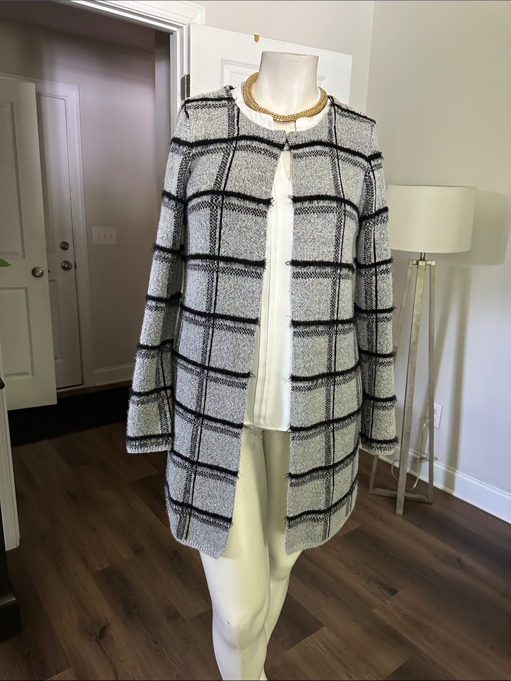 89th & Madison Black and Gray Windowpane Open Cardigan